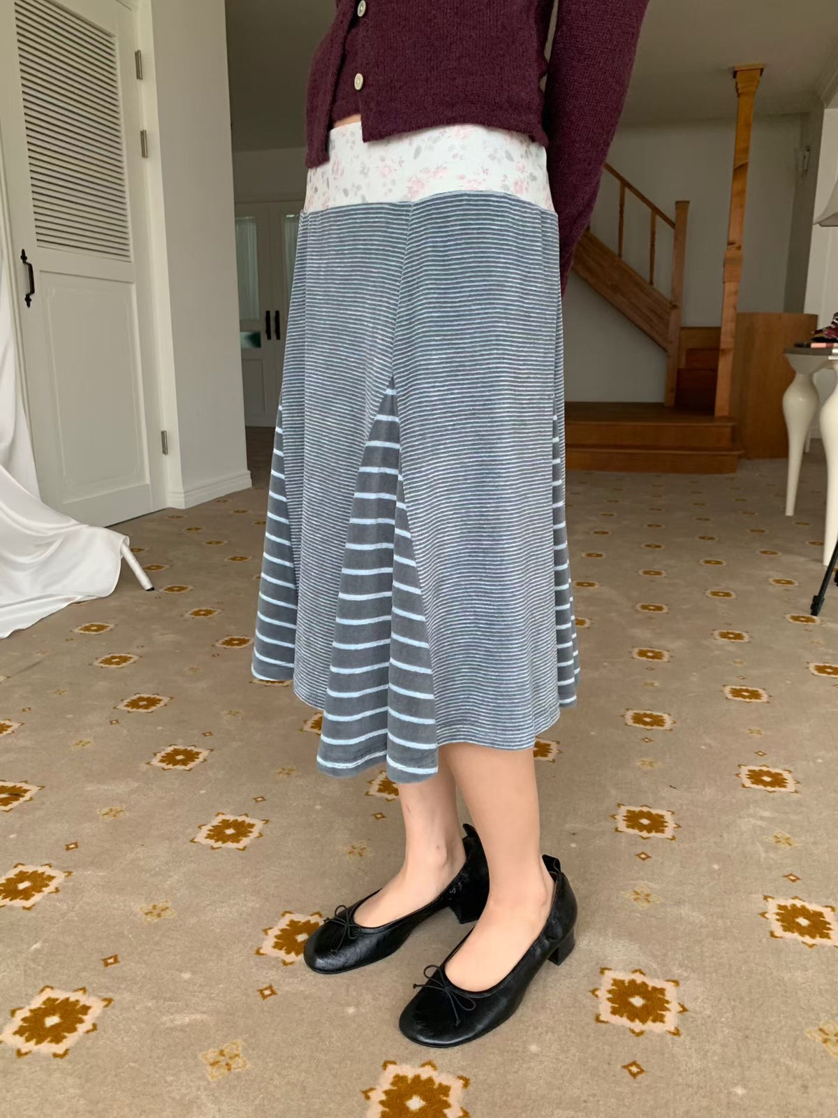 Patchwork Striped Floral Velvet Skirt（2 colors)