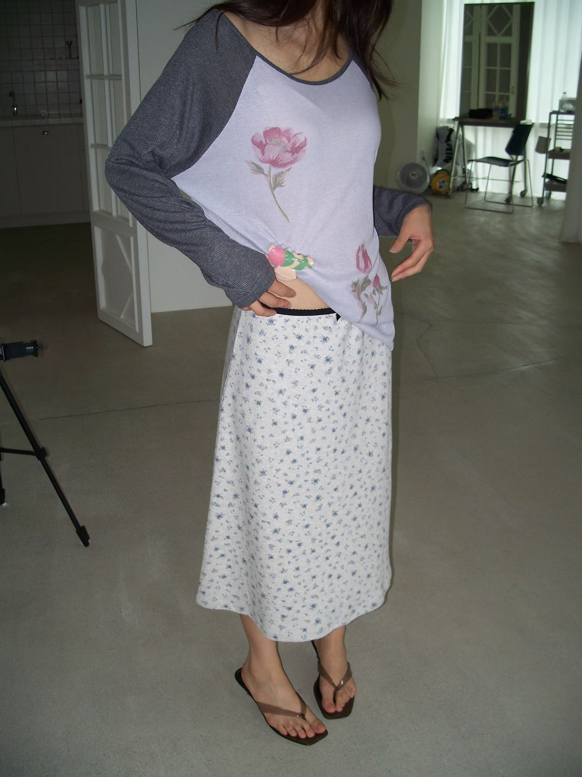 Raglan Ribbed Flower t shirt(2 colors)