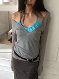 Deep V-neck wool-Tencel blend T-shirt（3 colors)