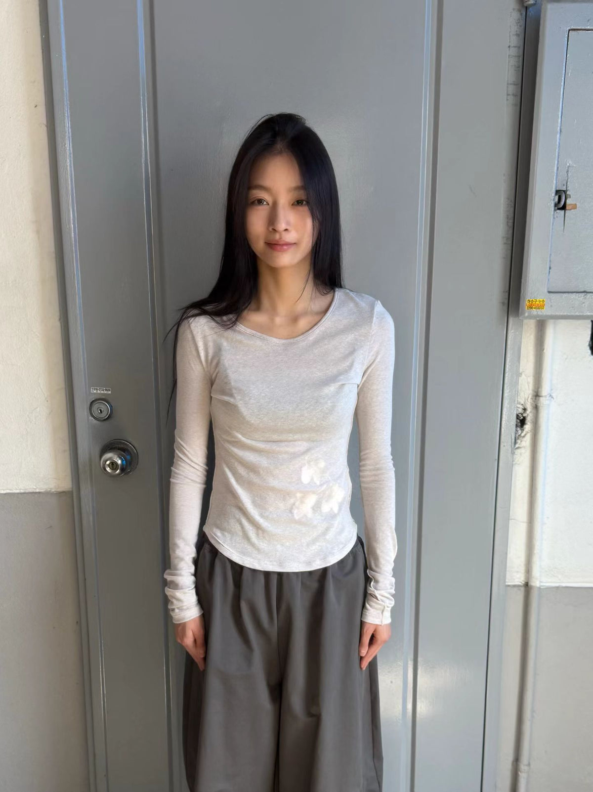 柔霧肌感花影長袖上衣