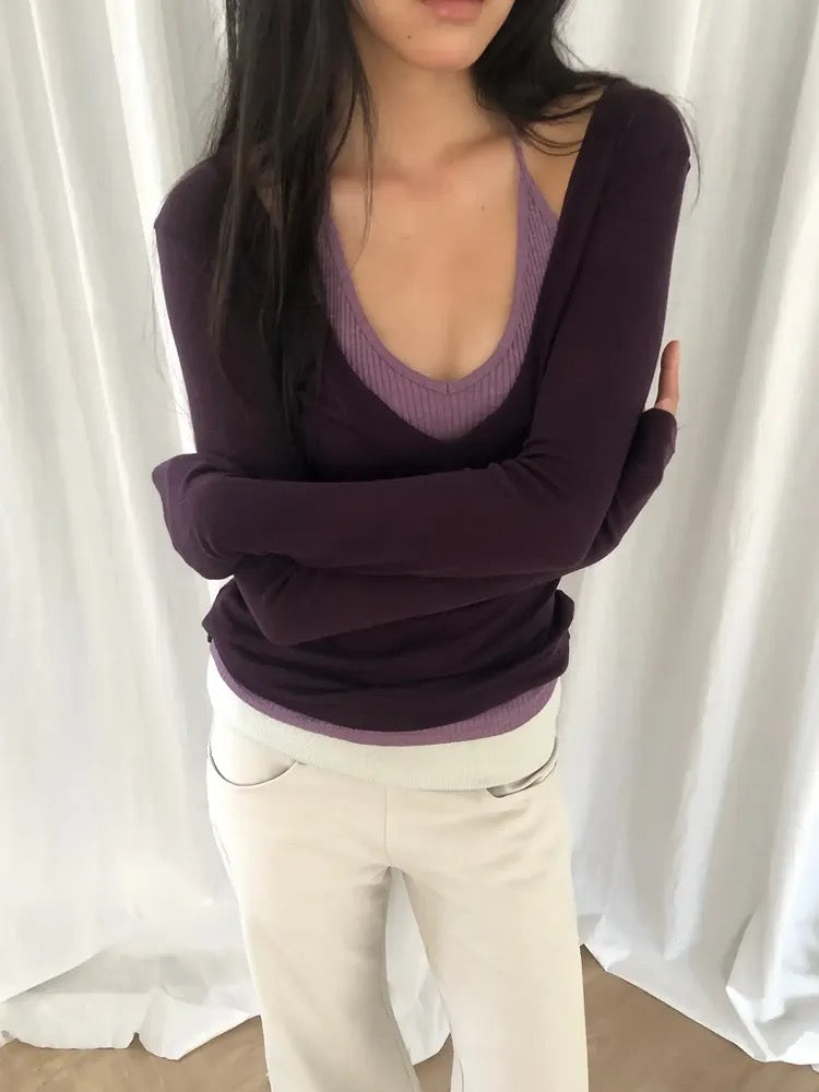 Deep V-neck wool-Tencel blend T-shirt（3 colors)