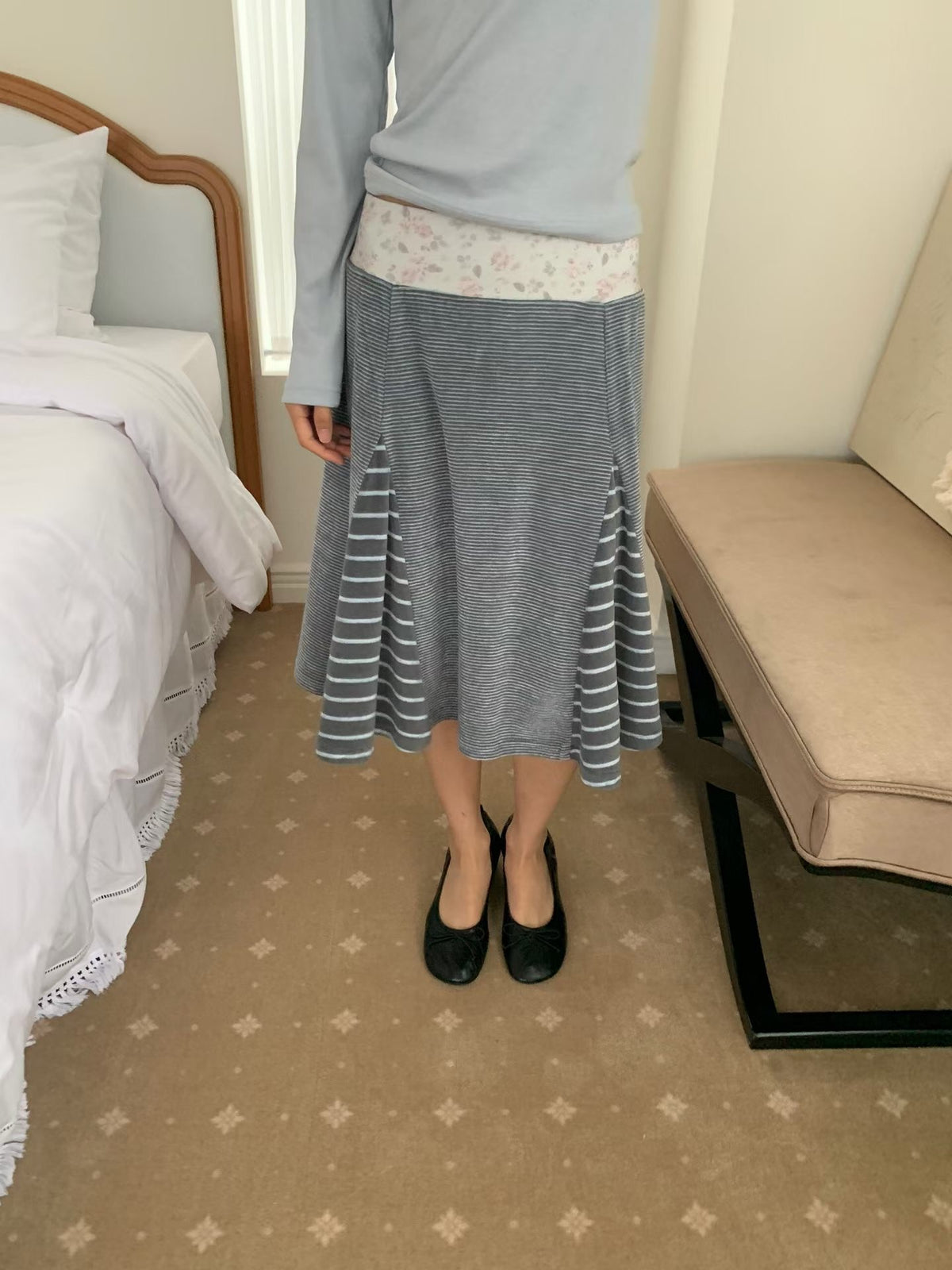 Patchwork Striped Floral Velvet Skirt（2 colors)
