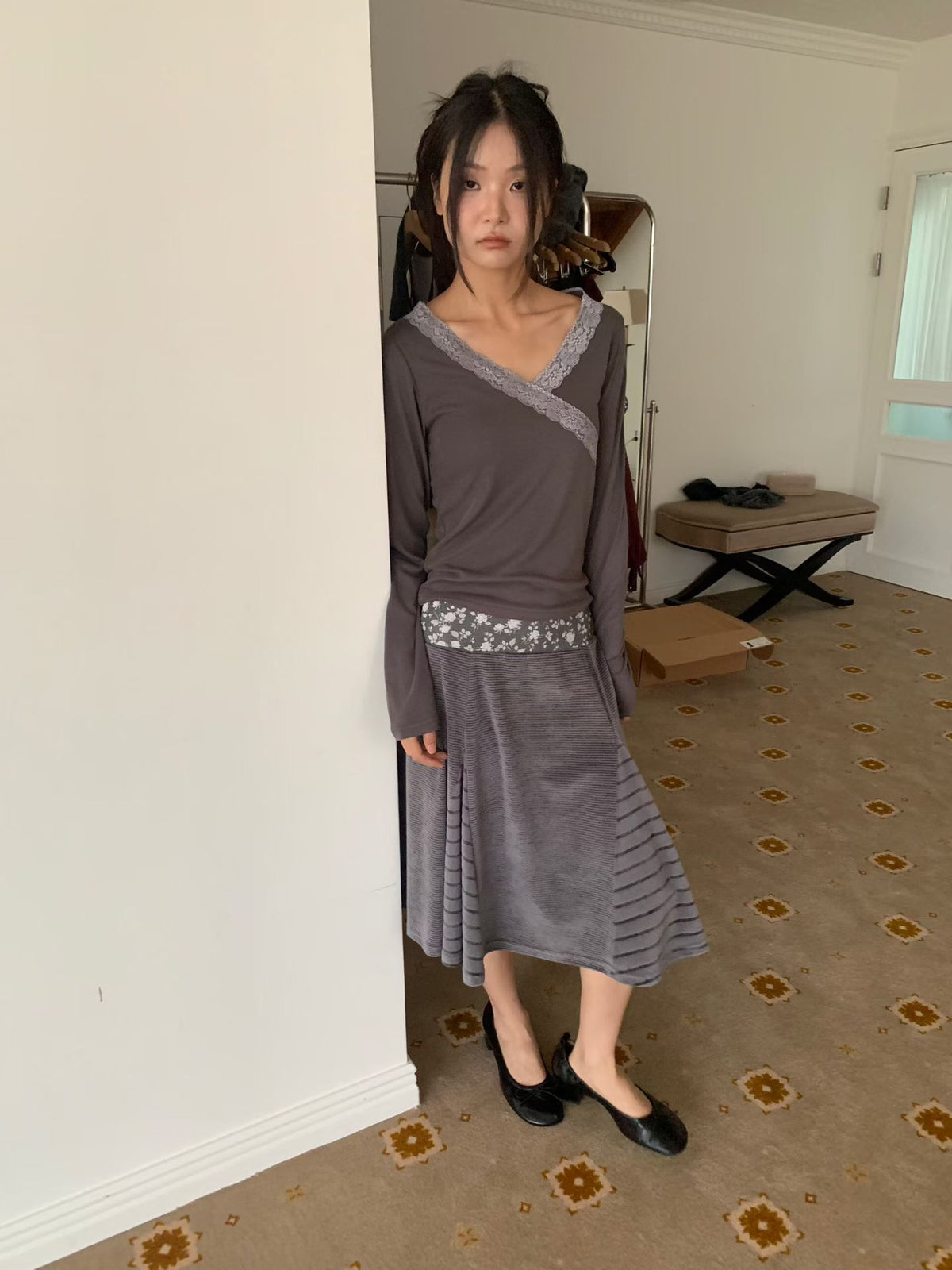 Patchwork Striped Floral Velvet Skirt（2 colors)