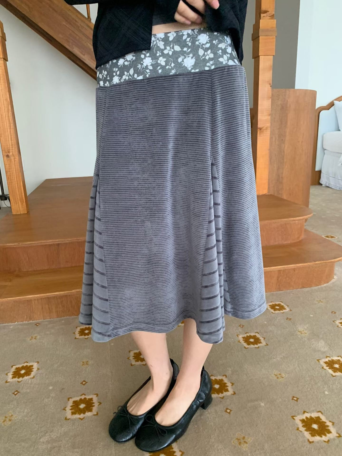Patchwork Striped Floral Velvet Skirt（2 colors)