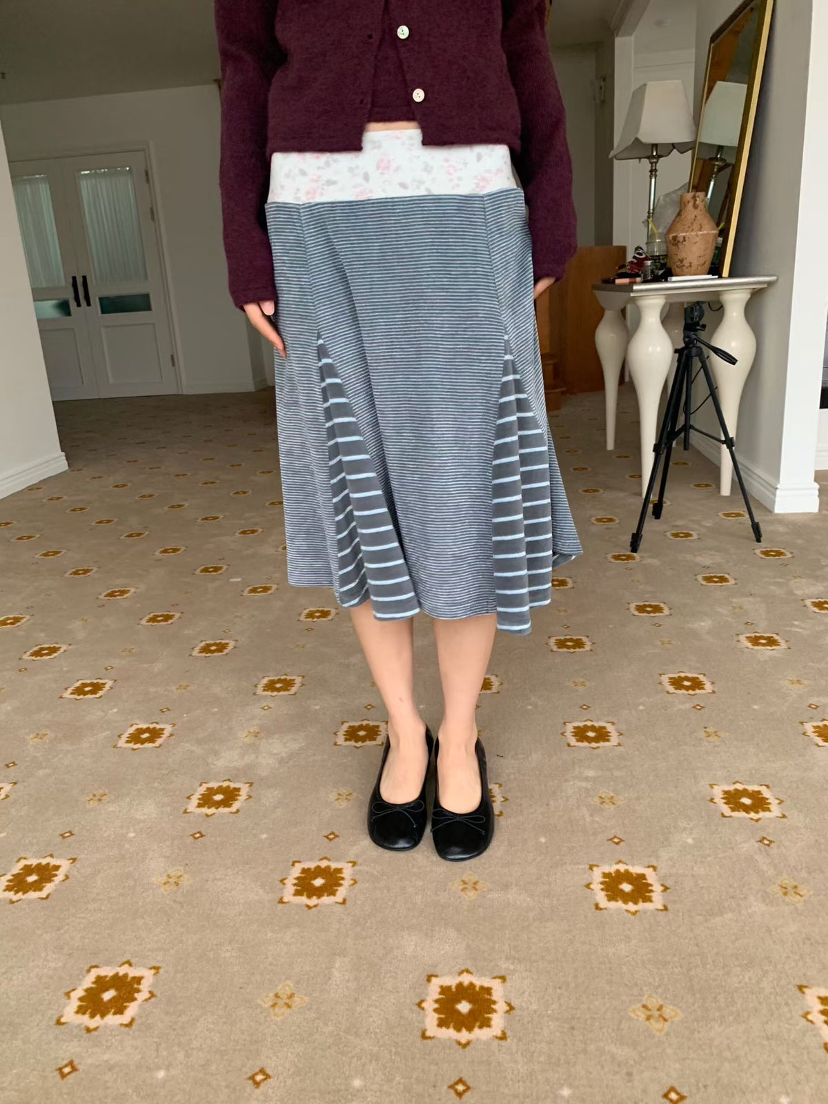 Patchwork Striped Floral Velvet Skirt（2 colors)