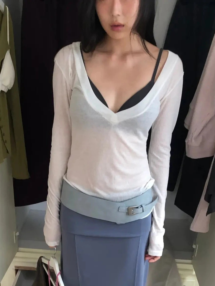 Deep V-neck wool-Tencel blend T-shirt（3 colors)