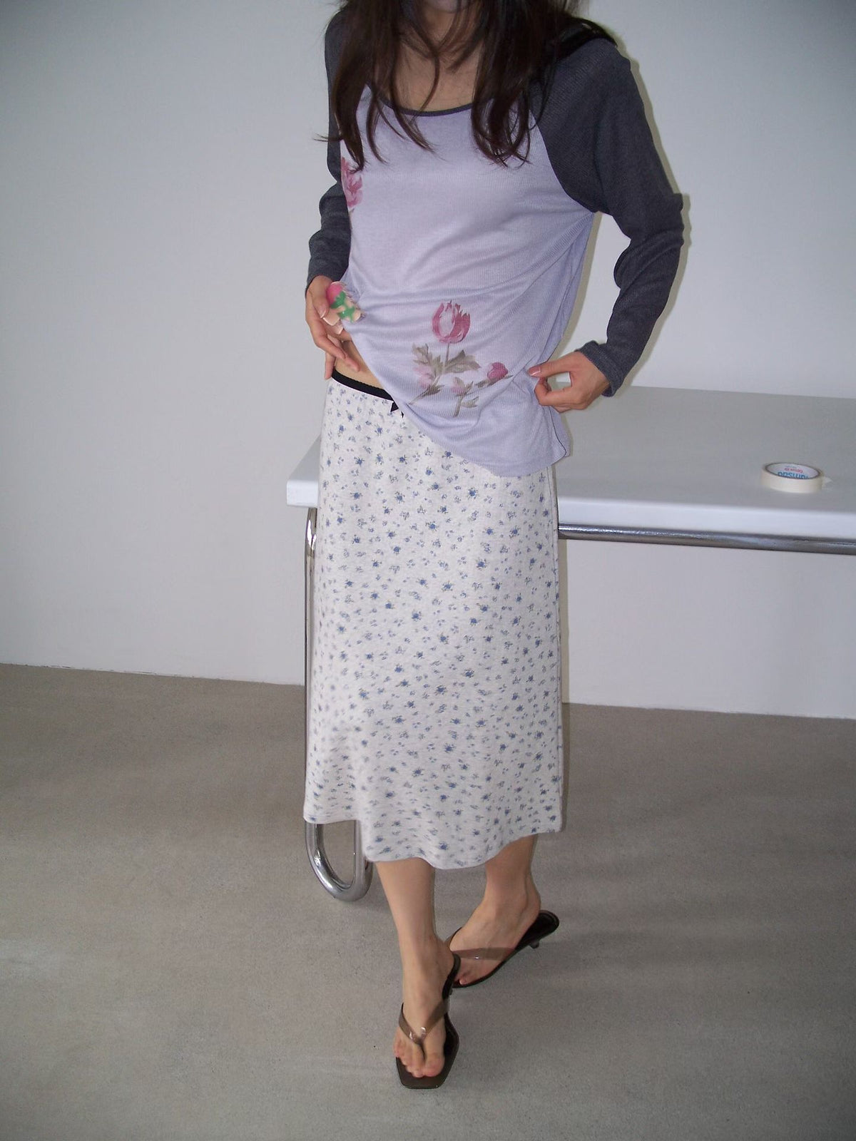 Raglan Ribbed Flower t shirt(2 colors)