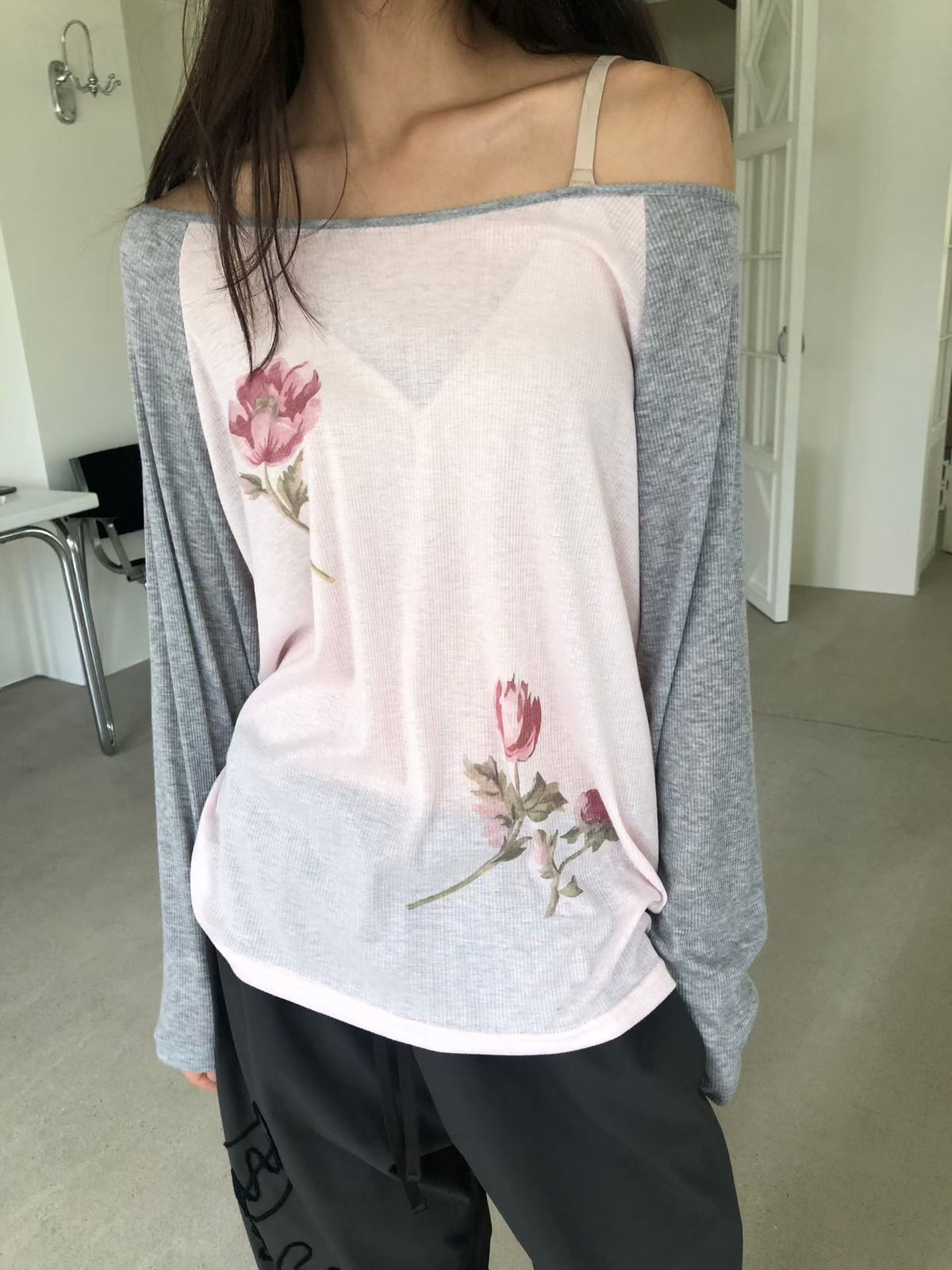 Raglan Ribbed Flower t shirt(2 colors)